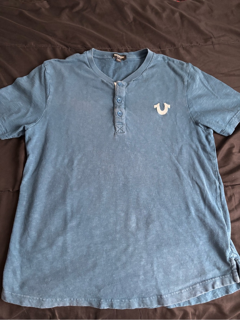 True Religion Light Blue Short-Sleeve Henley with White Horseshoe Logo